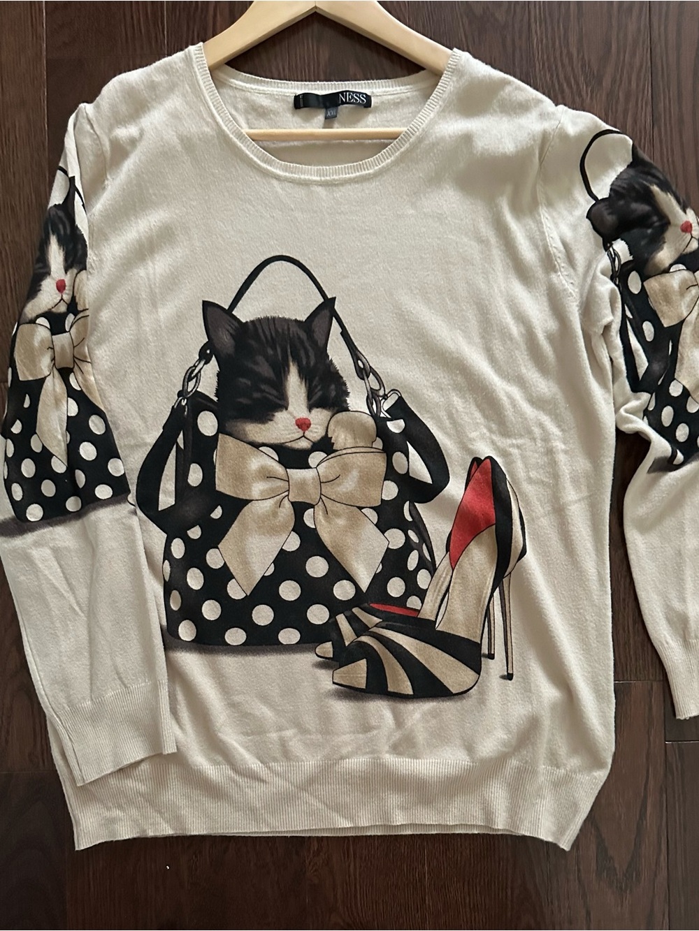 Cream Cat & Polka Dot Sweater with Bow Detail